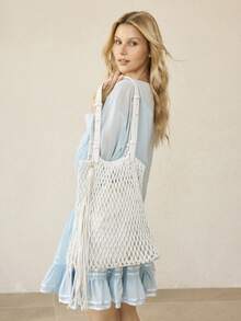 MOTF 女士单肩包，精致假日编织镂空流苏包 - 米白色 - 查看 8