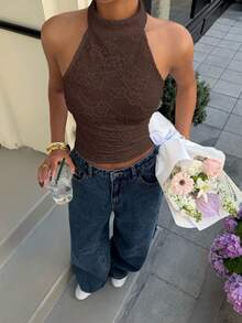 Muchica Brown Knit Halter Neck Top For Women,Summer Top - Brown - View 3