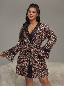 SHEIN 大码女式V领蕾丝边休闲家居服睡袍 - 咖啡棕 - 查看 5