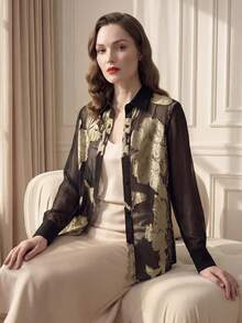 Suri Mira Women's Shiny Gold Sheer Long Sleeve Blouse, Elegant Spring/Summer, Versatile For Casual, Work, Date Night, Holidays And More - Black and Gold - View 7
