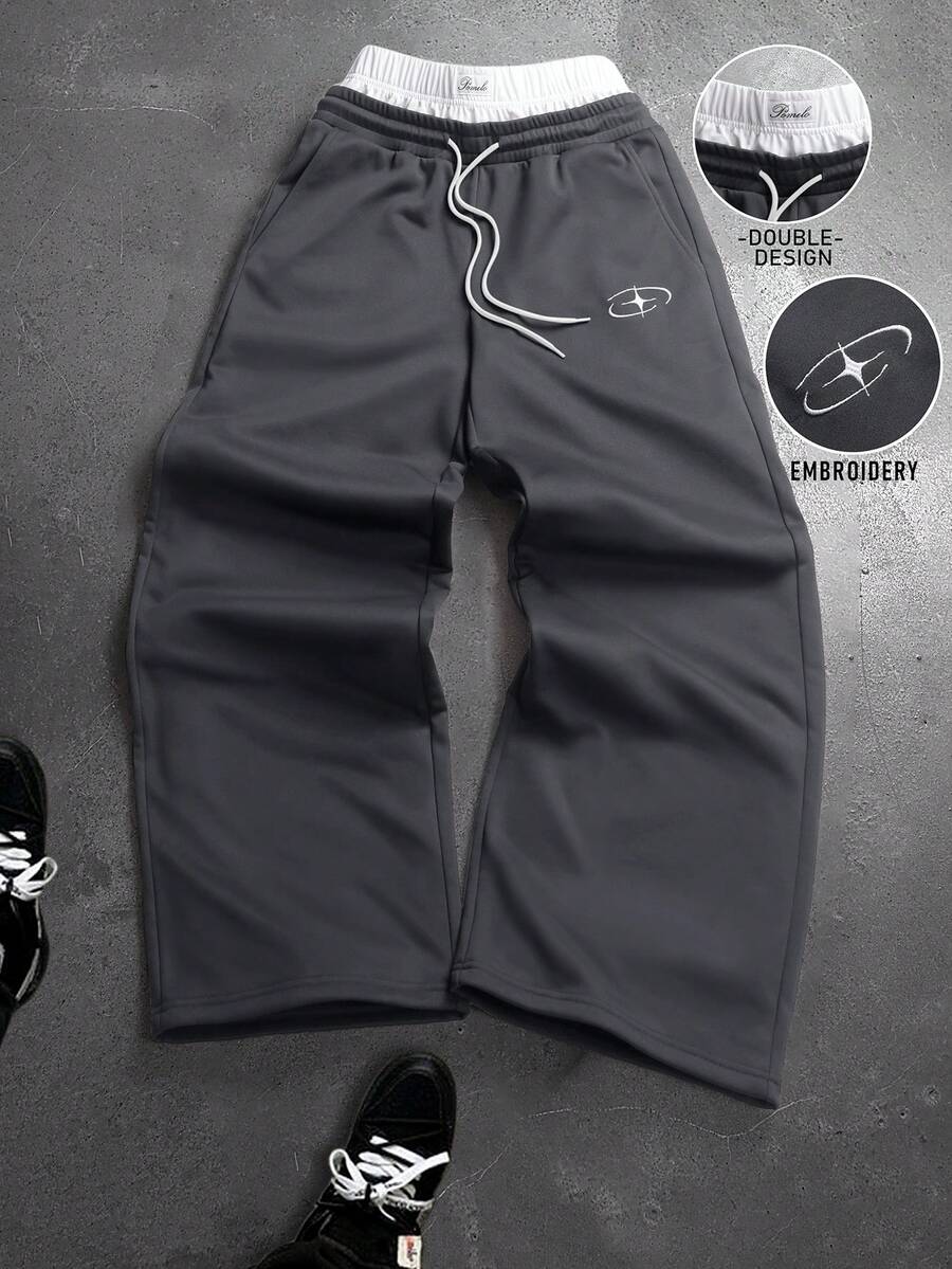 Manfinity Roghcode Pantalones de chándal de pierna ancha con cintura con cordón y bordado de contraste de color para hombres - Gris Oscuro - Ver 1