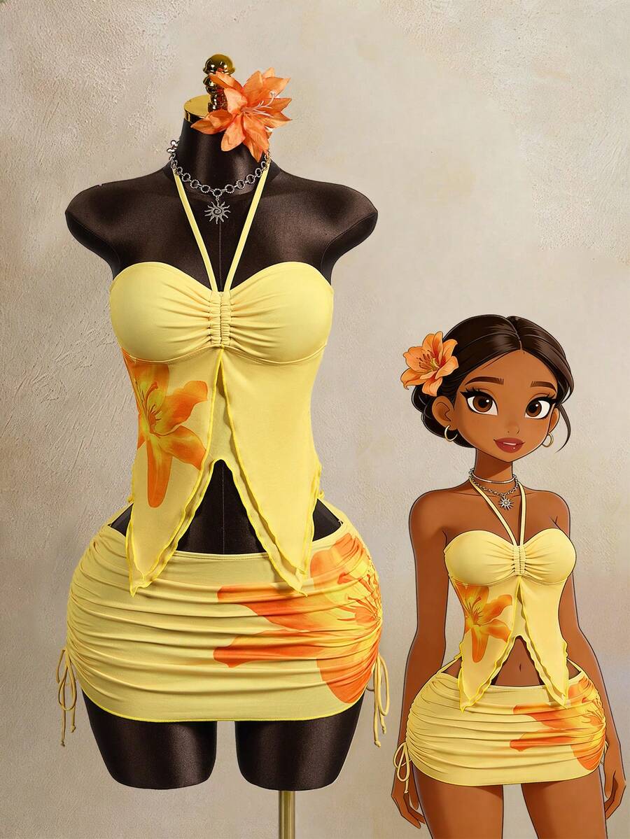 Zestiva Conjunto de 2 piezas con top sin mangas con cuello de volantes y estampado de flores y plantas, talla grande falda plisada con estampado de flores y plantas, primavera/verano - Multicolor - Ver 1
