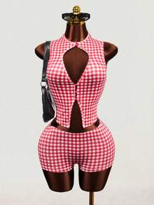 Mistrie 2pcs Plaid Hollow Out Camisole And Shorts Set, Sexy Summer Outfit - Red and White - View 5