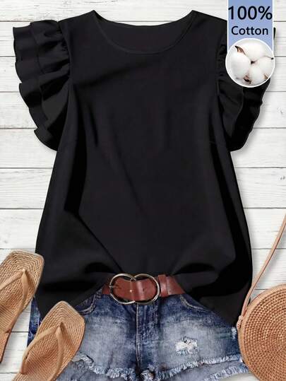 EMERY ROSE Casual Minimalist Black 100% Cotton Ruffle Sleeve Shirt For Women, Suitable For Spring/Summer