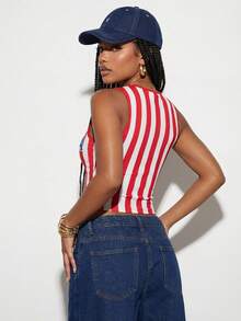 Gowayae Gowayae Áo tank top ngắn tay ôm sát, gợi cảm, in hình cờ Mỹ theo phong cách cổ điển dành cho nữ. - Đỏ và trắng - Xem 2