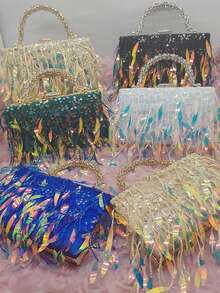 1PC New Sparkly Sequin Mesh Tassel Fringes DIY Stage Performance Costume Curtain Decorative Fabric, In Stock, Length: 30ft, Width: 6in - multicolor - View 3