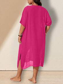 Swim Lushoire Plus Size Women Crochet Knit Cover Up Dress For Vacation - Hot Pink - View 2