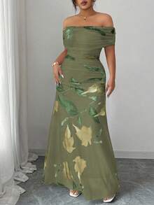 Modelyn Plus Size Women Mesh Printed One-Shoulder Ruffle Formal Dress - Army Green - View 5