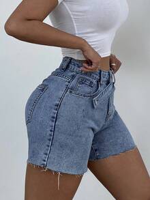 SHEIN ICON 女士高腰口袋修身休闲百搭牛仔短裤 - 中等水洗藍 - 查看 4