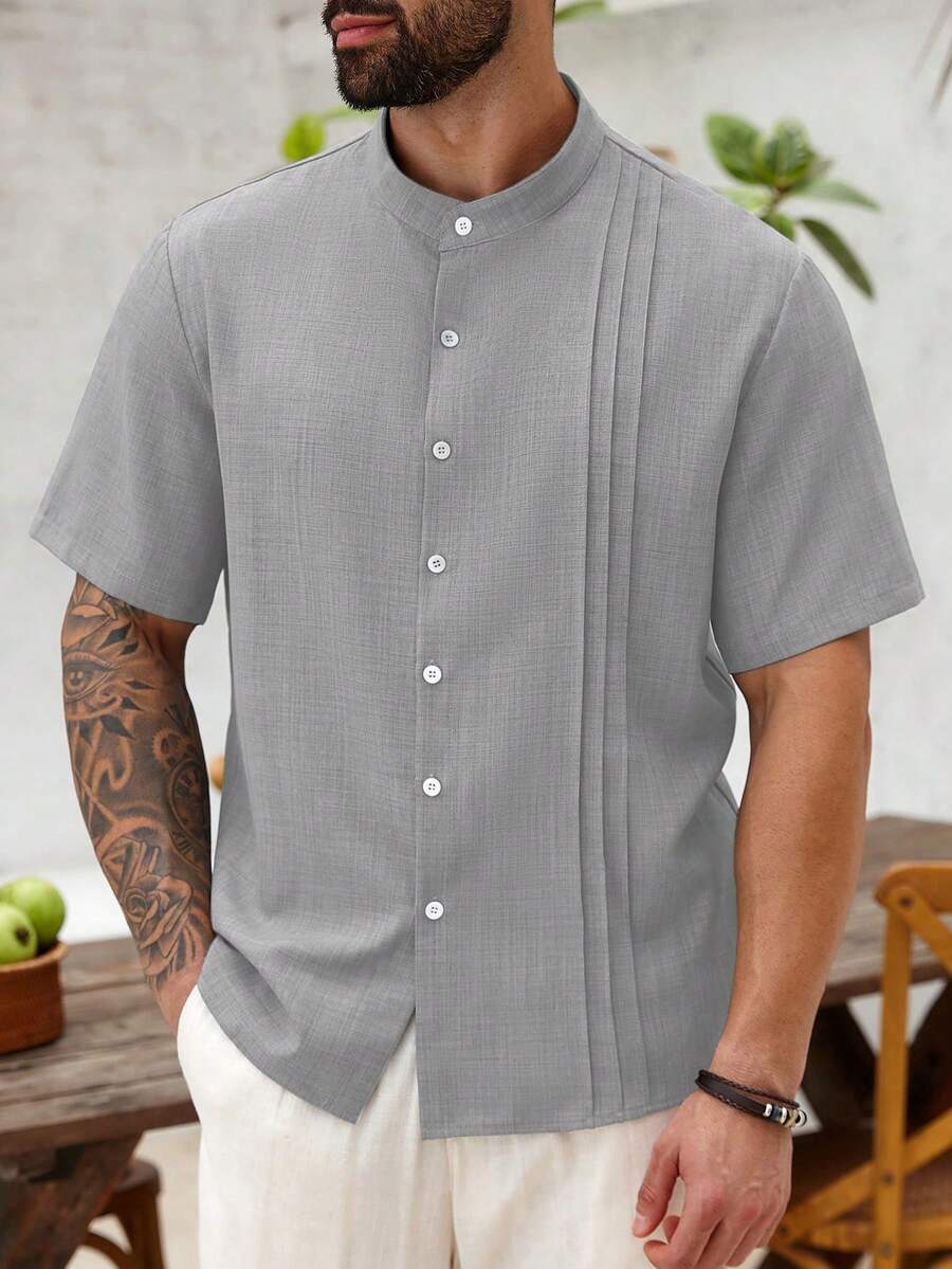 Manfinity RSRT Áo sơ mi nam cỡ lớn, tay ngắn, màu trơn, cài một hàng khuy, kiểu dáng casual, xếp ly. - Xám - Xem 1