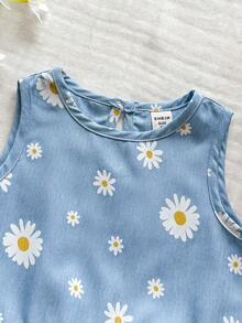 SHEIN Vintaside Kids 两件套女童纯色圆领无袖上衣和宽松纯色短裤套装 - 藍色 - 查看 5