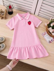 SHEIN 女童草莓印花荷叶边短袖连衣裙 - 白色 - 查看 6