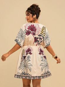 Travachic Plus Size Women Fashion Casual Printed V-Neck Short Dress - Multicolor - View 2