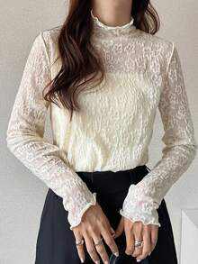 FRIFUL 女士网纱高领透视上衣，秋季叠穿单品 - 米色 - 查看 6