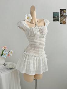 Elamini Đầm nữ cổ vuông dáng ôm eo, phối ren, bèo nhún, chất liệu co giãn, có họa tiết. - trắng - Xem 7