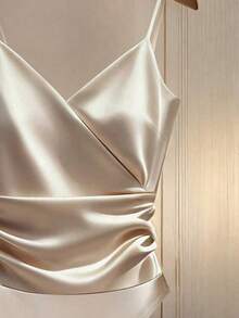 Franclia Fashionable Crossover V-Neck Champagne Gold Bodysuit,Sleeveless Ruffle Trim Button Decor Satin Blouse,Seductive Summer Night Out Metallic Top - Apricot - View 5
