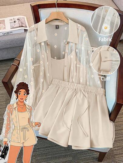 GlowEve CURVE 大码女式网纱刺绣镂空衬衫、纯色吊带背心和短裤三件套，优雅清新，适合夏季日常穿着