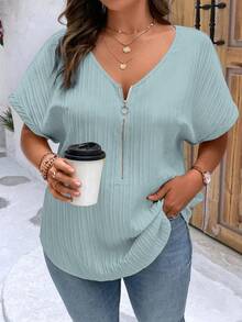 EMERY ROSE Plus Size Women's Solid Color Simple Daily Short Sleeve Shirt For New Year Clothes - Baby Blue - View 1