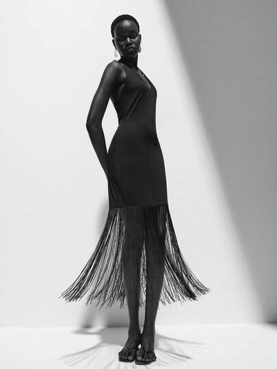 Lumivelle Women's Black Dress Elegant Summer Dress, Women's Fringe Dress, Party Dress Black Dress Ribbon Tied Neck V-Neck Dress, Party Party Black Dress Suitable For Summer Wear Above 25 Degrees Celsius
