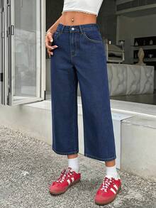 SHEIN PETITE Quần culottes ống rộng cạp cao phong cách Y2K dành cho nữ, màu xanh đậm, chất liệu denim co giãn, dáng rộng, có túi, hoàn hảo cho phong cách đường phố và hàng ngày. Quần jeans ống rộng cạp thấp dáng suông đơn giản, đa năng, thích hợp cho việc đi làm hàng ngày. - Rửa tối - Xem 6