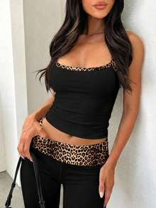 SHEIN EZwear 夏季新款撞色复古豹纹图案撞色吊带背心和裤子套装 - 彩色 - 查看 6