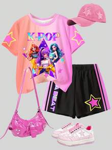2pcs Tween Girls Ombre, K-POP Cartoon Girl Print Casual Basic Crew Neck Short Sleeve T-Shirt And Shorts Set, Suitable For Spring/Summer Daily Wear & Outings - Multicolor - View 3