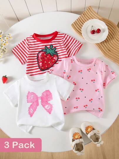 SHEIN Playful Pals 3件套女婴/幼儿柔软宽松休闲百搭短袖T恤上衣，粉色、黑色、灰色，饰有心形和“LOVE”字母图案，适合春夏穿着