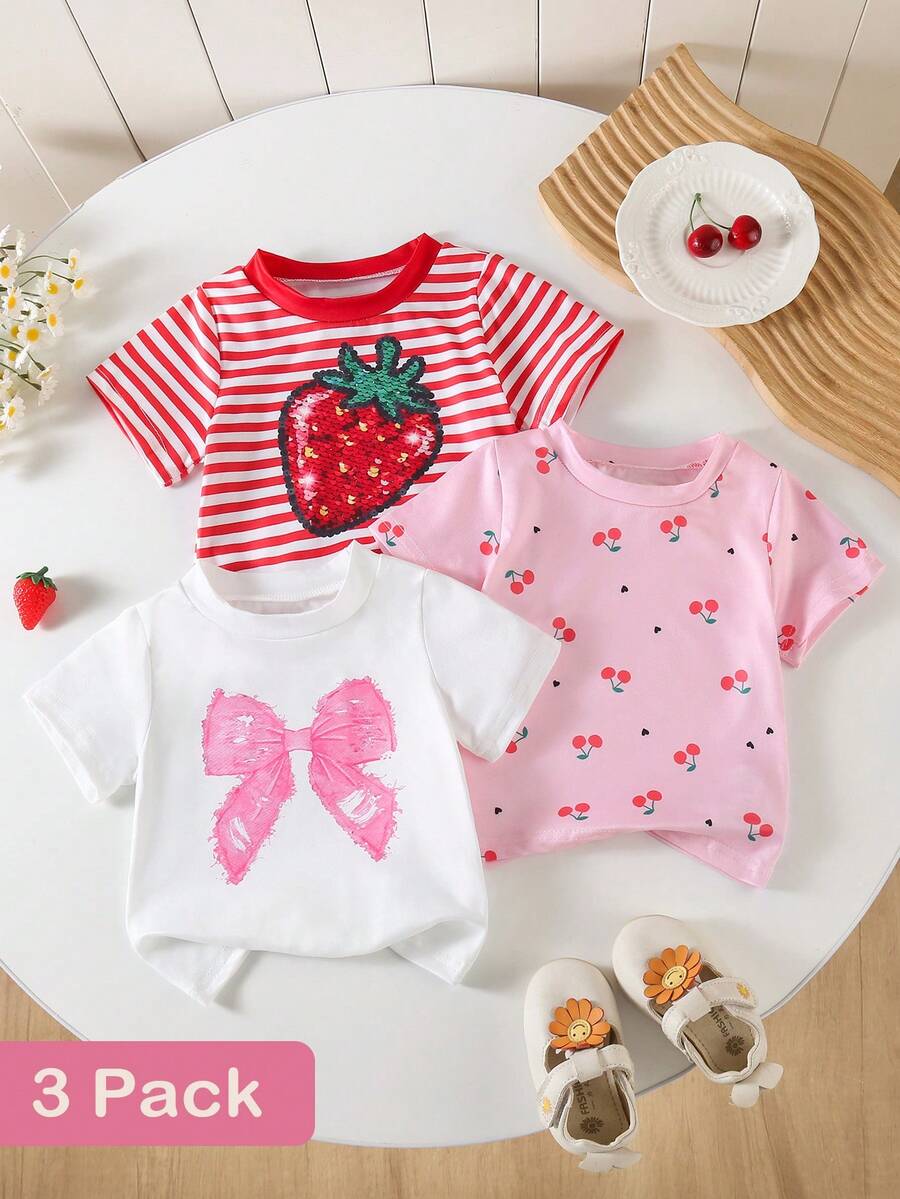SHEIN Playful Pals 3件套女婴/幼儿柔软宽松休闲百搭短袖T恤上衣,粉色、黑色、灰色,饰有心形和“LOVE”字母图案,适合春夏穿着 - 彩色 - 查看 1
