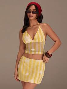 Athîral Women's Casual Vacation Knit Striped Yellow Floral Halter Top And Mini Skirt 2 Pieces Set, Yellow Two Piece Set, Yellow Two Piece Set Women, Yellow Summer Top, Yellow Stripe Top,Date Party Outfit, Daily Outfit, Holiday Outfit, Beach Outfit - Yellow - View 6