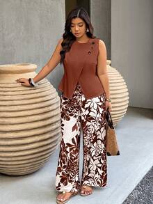 SHEIN LUNE Plus Size Summer Casual Sleeveless Ruffled Crop Top And Wide Leg Pants 2 Pieces Set - Burgundy - View 4