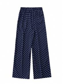 SHEIN Essnce Quần ống rộng cạp chun co giãn màu đen, chất liệu vải họa tiết hoa nhỏ, thích hợp mặc hàng ngày, thời trang xuân hè cho nữ, kiểu dáng thoải mái, dễ thương, phong cách châu Âu, trang phục đi nghỉ mát, trang phục sân bay cho nữ. - Màu xanh hải quân - Xem 2
