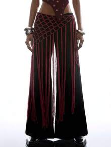 LYSMO 女士沙滩/度假流苏针织裙 - 酒紅色 - 查看 6