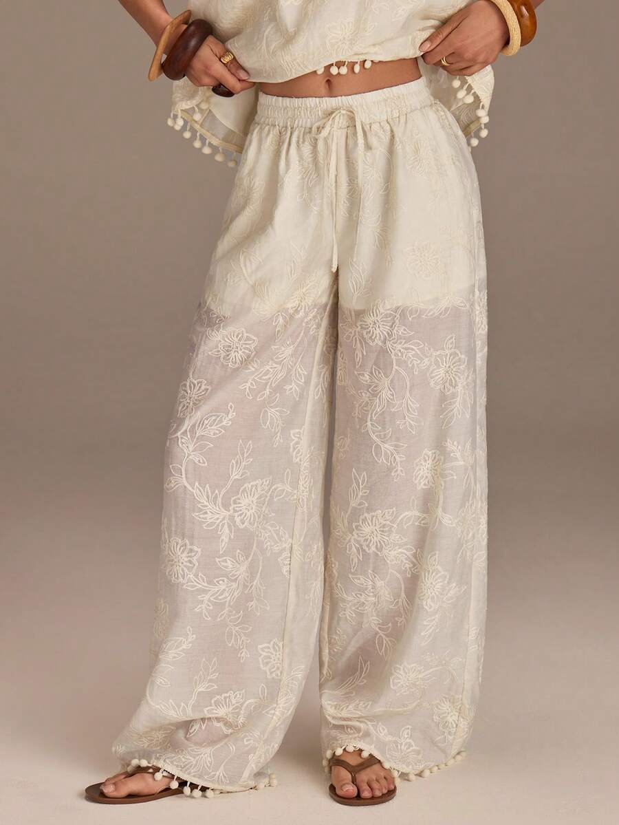 Athîral 女士休闲度假风花卉刺绣半透明抽绳腰阔腿裤，春夏款 - 杏色 - 查看 1