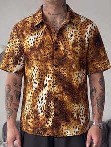HIMLAND Men's Fashion Raglan Short Sleeve Front Button Leopard Print Shirt - Multicolor - View 9