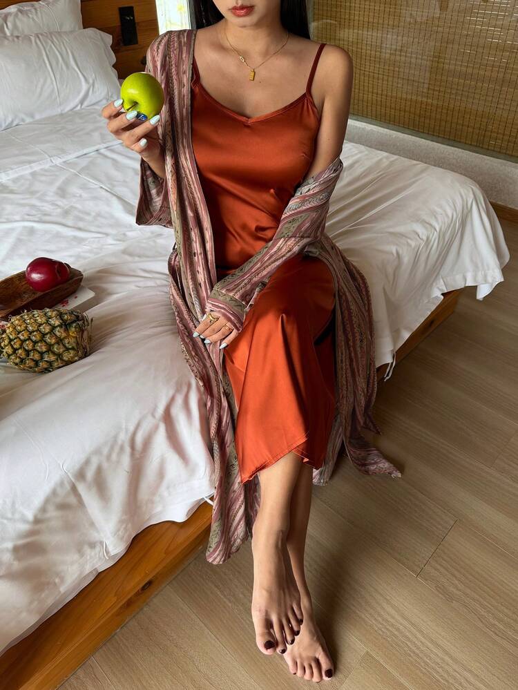 Retro Print Sleeveless Long Nightgown & Robe Set, Vacation Style, Spring/Summer