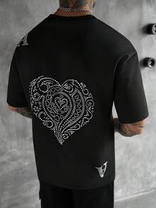 SLATEMANN Áo thun nam tay ngắn cổ tròn in chữ đính đá, kiểu dáng thường ngày. - màu đen - Xem 3