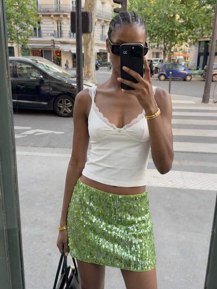 SHEIN Maija Skirt,Women's Sequin Embellished Mini Skirt, Fashionable For Summer Vacation,Going Out,Summer Holiday, Beach Vacation For Women,Spring Women,Summer, Festival For Women Sequin Skirt Women's Skirt Green Sequin Skirt Shiny Skirt