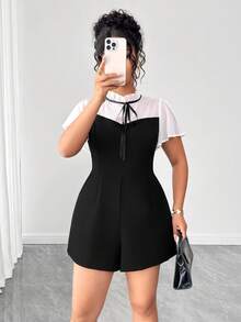 Elenzga Plus Size Contrast Color Minimalist Short Sleeve Jumpsuit - Black and White - View 6