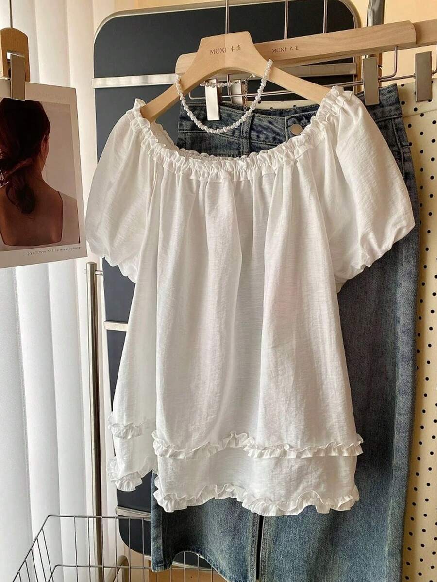 Franclia Blusa casual con volant tinta unita versatile - Bianco - Visualizzare 1