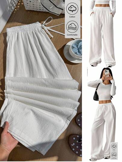 Comfortcana Quần dài trắng bằng cotton nguyên chất, ống loe, dáng suông, thích hợp cho mùa xuân và hè, cỡ lớn.