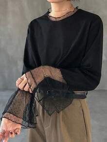 FRIFUL Camiseta holgada y versátil de unicolor con parches, tela de malla de lunares transparente - Negro - Ver 2