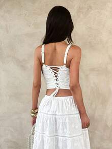 Opulessa Top de tirantes blanco de verano elegante para mujer, de color liso y tejido, para fiesta de té, vacaciones, festival, playa, boda, graduación, lujo y formal - Blanco - Ver 2