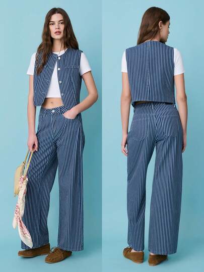 Nöista Conjunto de dos piezas que incluye una blusa corta sin mangas con botones y pantalones de pierna ancha y cintura media a rayas verticales. Primavera, verano, coordinado, conjunto de dos piezas, estilo callejero, casual.
