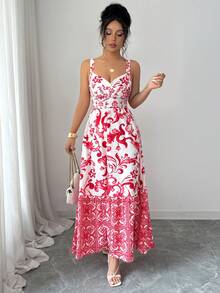 Selianne Damen Vintage Rot & Weiß Blume Muster plissiertes A-Linien Kleid, quadratischer Ausschnitt, ärmellos, taillenschmeichelnde elegante romantische Lässig Pendler Strand Urlaub Mode Retro Französischer Straßen Chic Frühling/Sommer Neu - Verschiedenfarbig - Übersicht 3