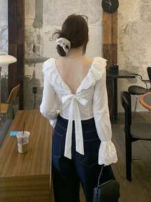 DAZY Women's Ruffle Tie-Up Backless Long Sleeve Blouse Summer - White - View 4