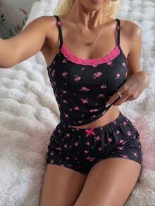 CottageSlumber 两件套撞色蕾丝边吊带浪漫碎花女士睡衣套装 - 黑色 - 查看 3