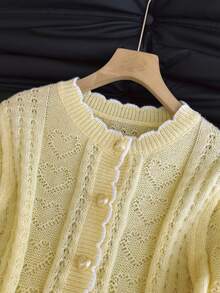 Franclia Cárdigan casual de mujer con ribete de concha de color contrastante, primavera/otoño - Amarillo - Ver 3