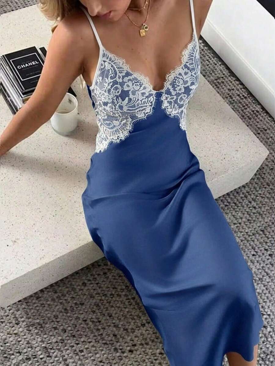 Pariaura 女士优雅法式撞色蕾丝吊带裙 - 藍色 - 查看 1