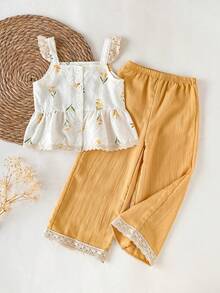 SHEIN Young Girl Casual Floral Print Front Button Camisole And Pants 2-Piece Set, Summer - Yellow - View 3