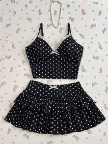 Elamini Women Bow Lace Trim Camisole Top And Layered Ruffle Hem Mini Skirt 2 Pieces Set - Black and White - View 3